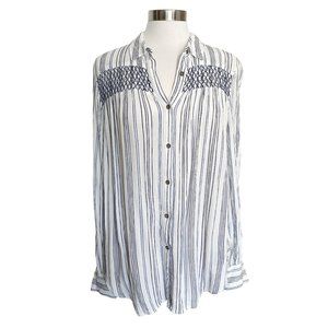 Shyanne M White Blue Smocked Striped Collared Long Sleeve Button Up Tunic Shirt